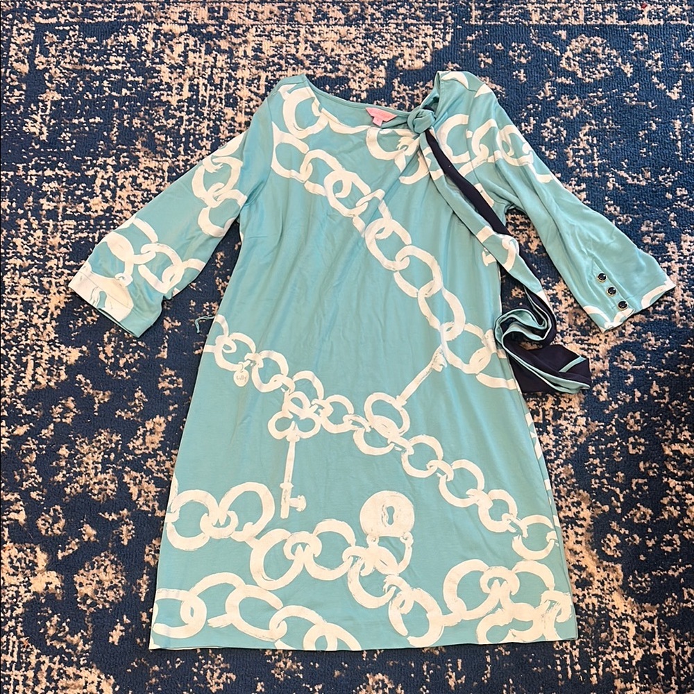 Lilly Pulitzer Blue and White Lock Dress with Button Sleeves